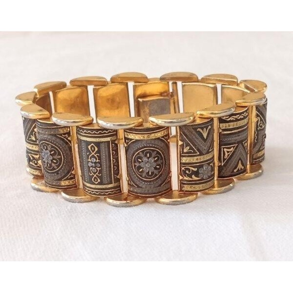 Early Vintage Damascene Wide Panel Link Bracelet Ornate Gold Plate